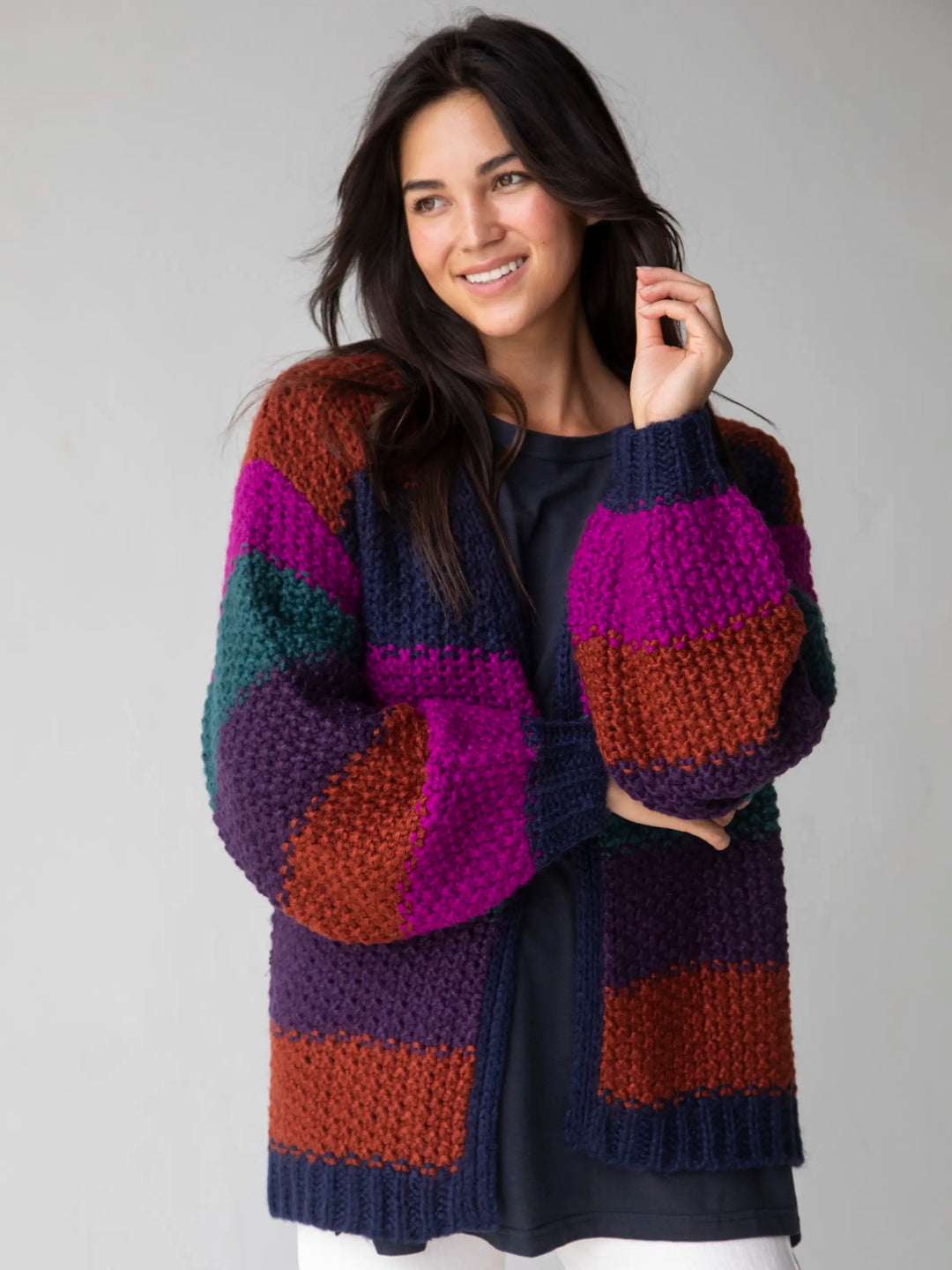 Oversized Striped Cardigan Sweater - Navy