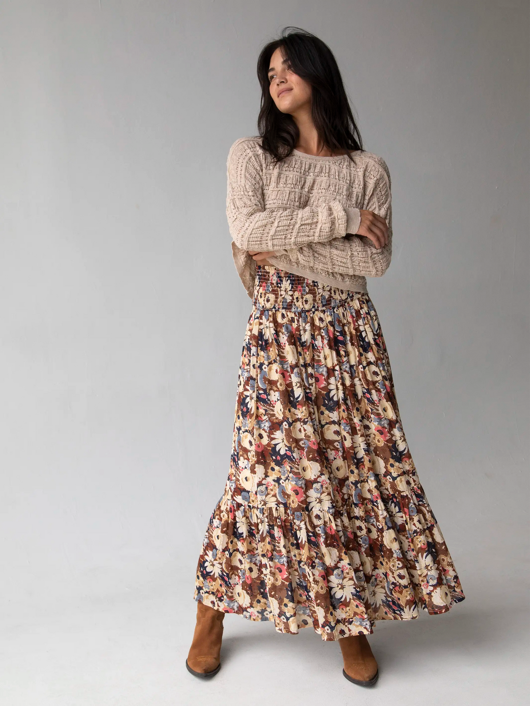Flora Convertible Maxi Skirt Brown Navy Floral Cotton – Natural Life