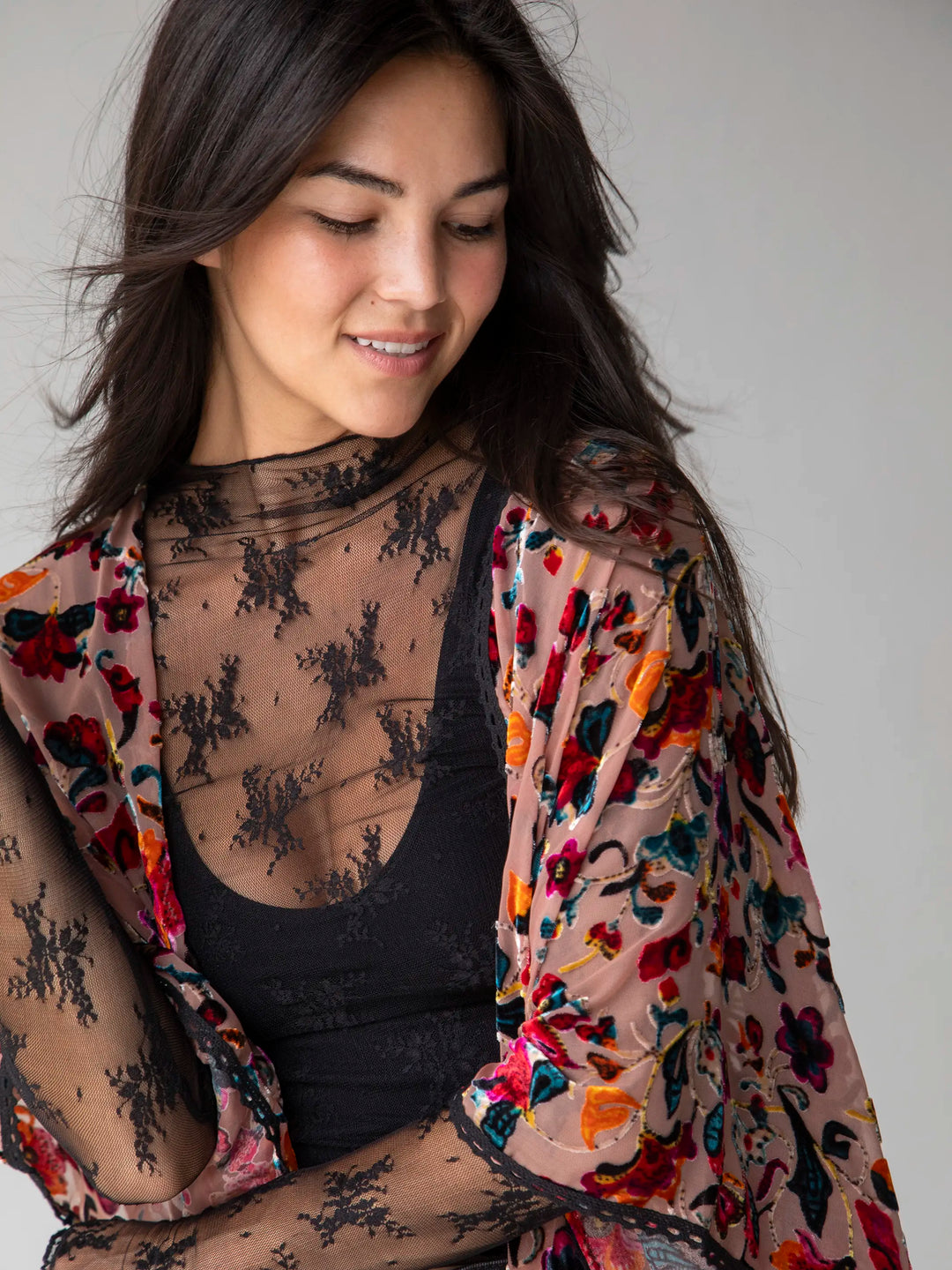 Velvet Burnout Kimono - Light Pink Floral