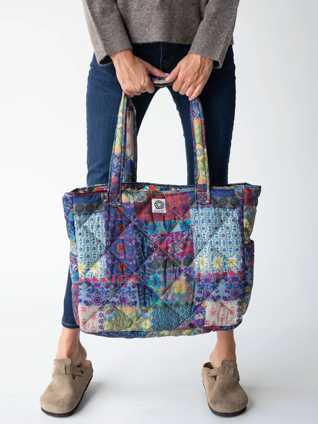 Reversible Puffy Tote Bag - Large Blue Patchwork
