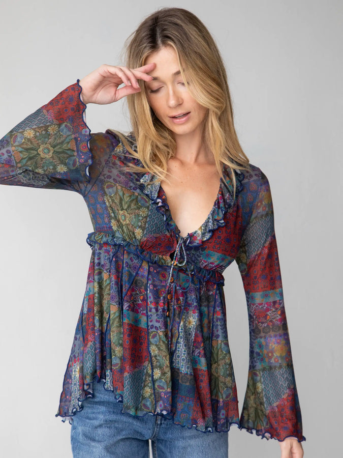 Printed Women Tops Natural Life Sierra Ruffle Mesh Top Blue Patchwork