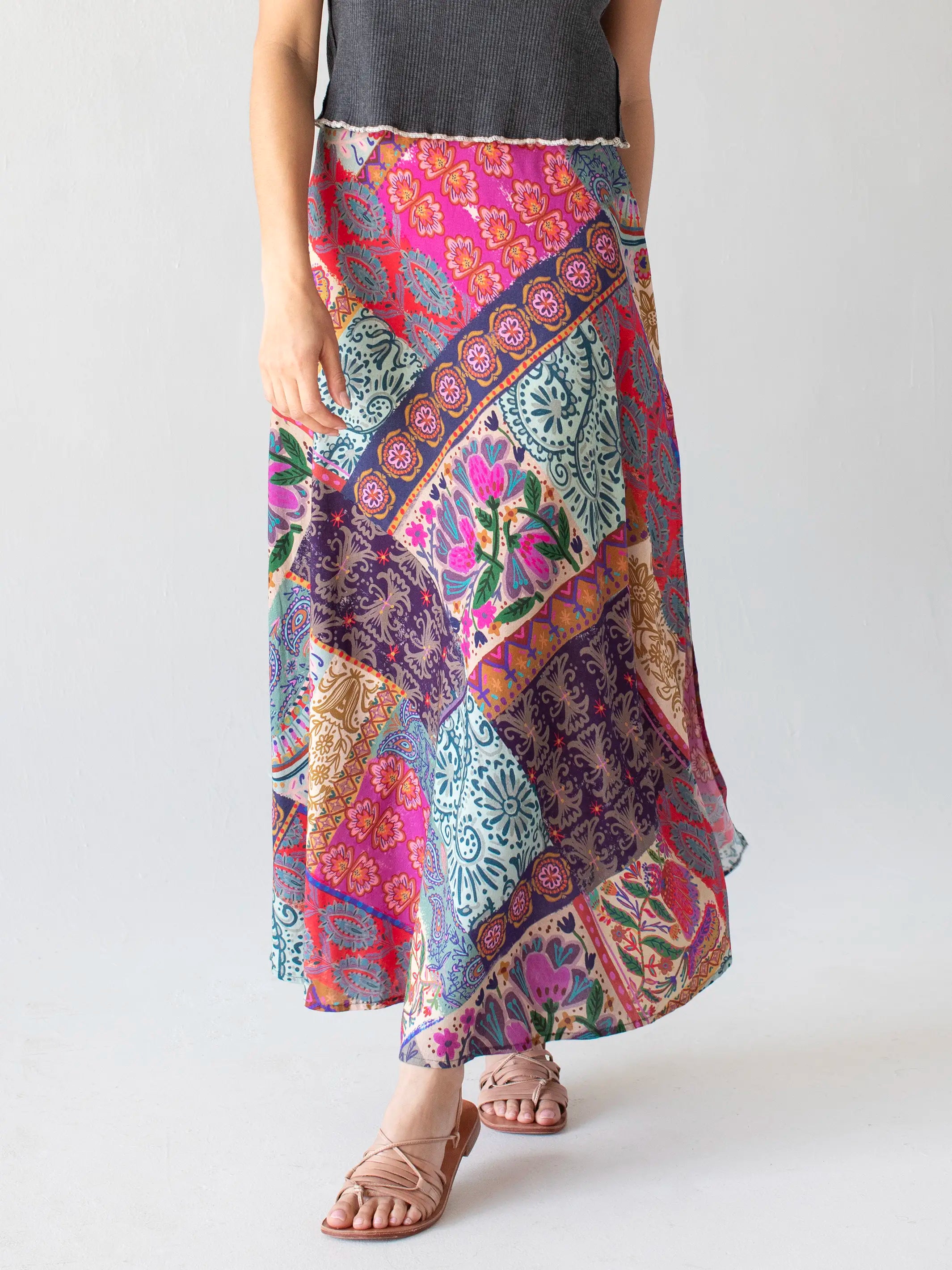 Ginger Side-Slit Maxi Skirt - Boho Blooms Patchwork