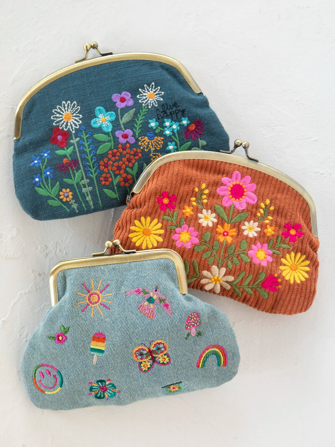 Embroidered Kisslock Coin Purse - Denim