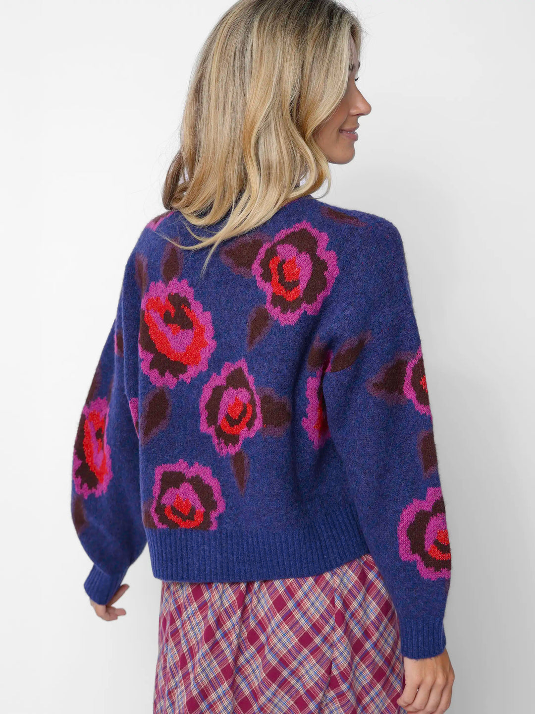 Jacquard Button Front Cardigan Sweater - Blue Rose