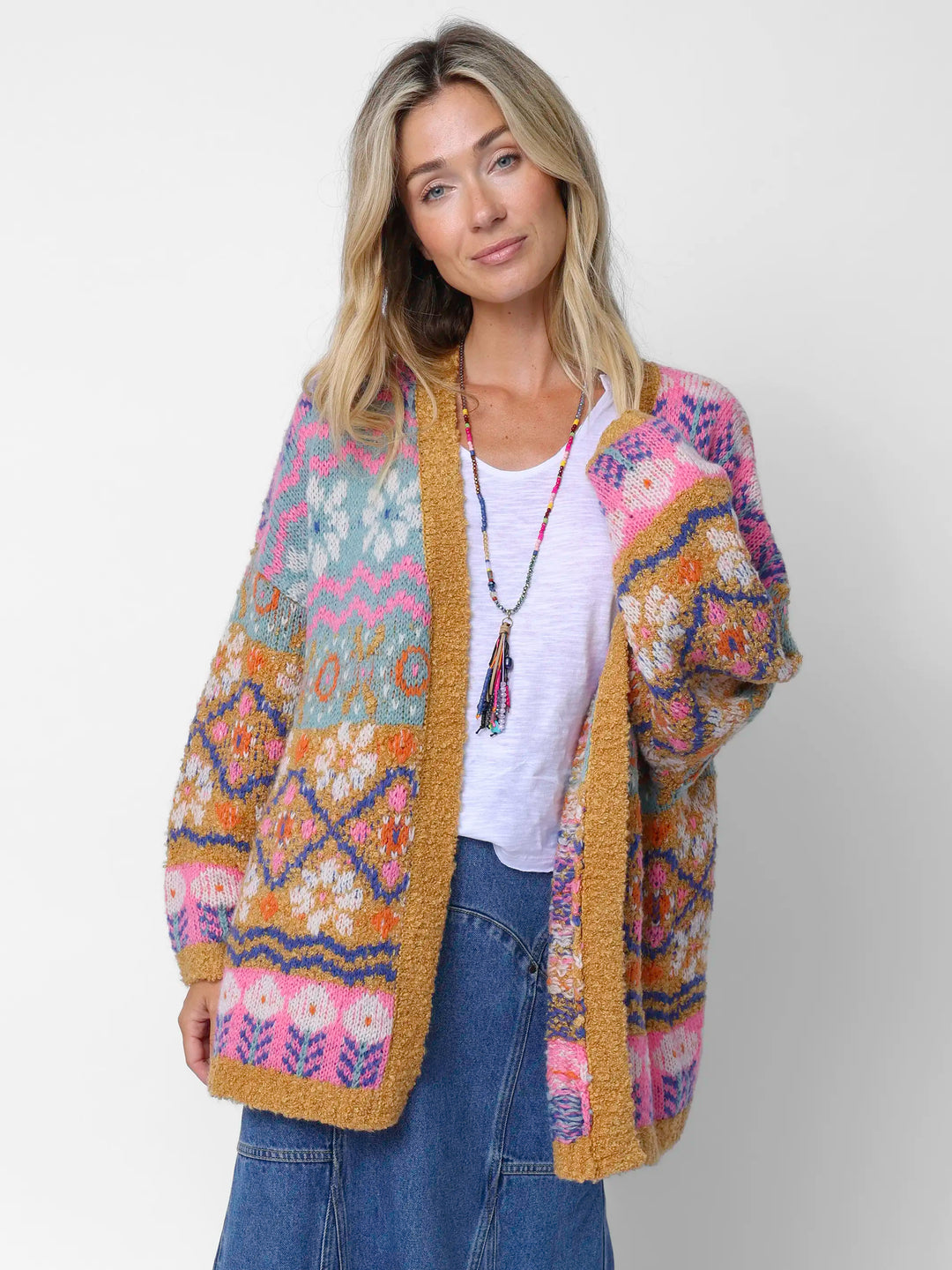 Calla Jacquard Cardigan Sweater - Cottage Daisies Gold