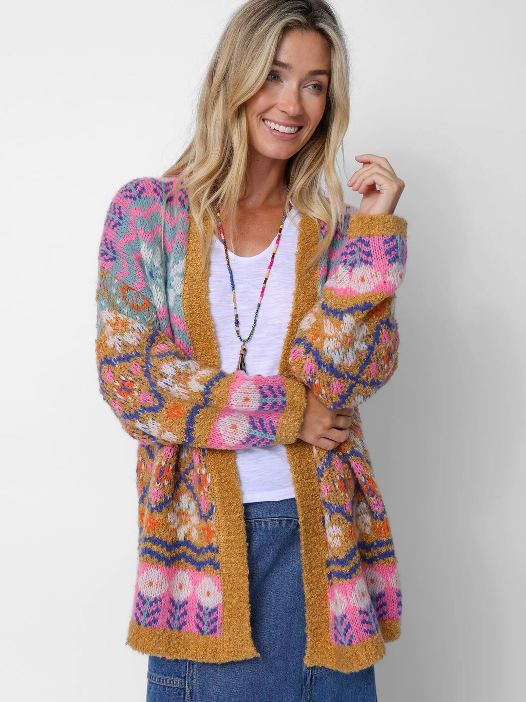 Calla Jacquard Cardigan Sweater - Cottage Daisies Gold