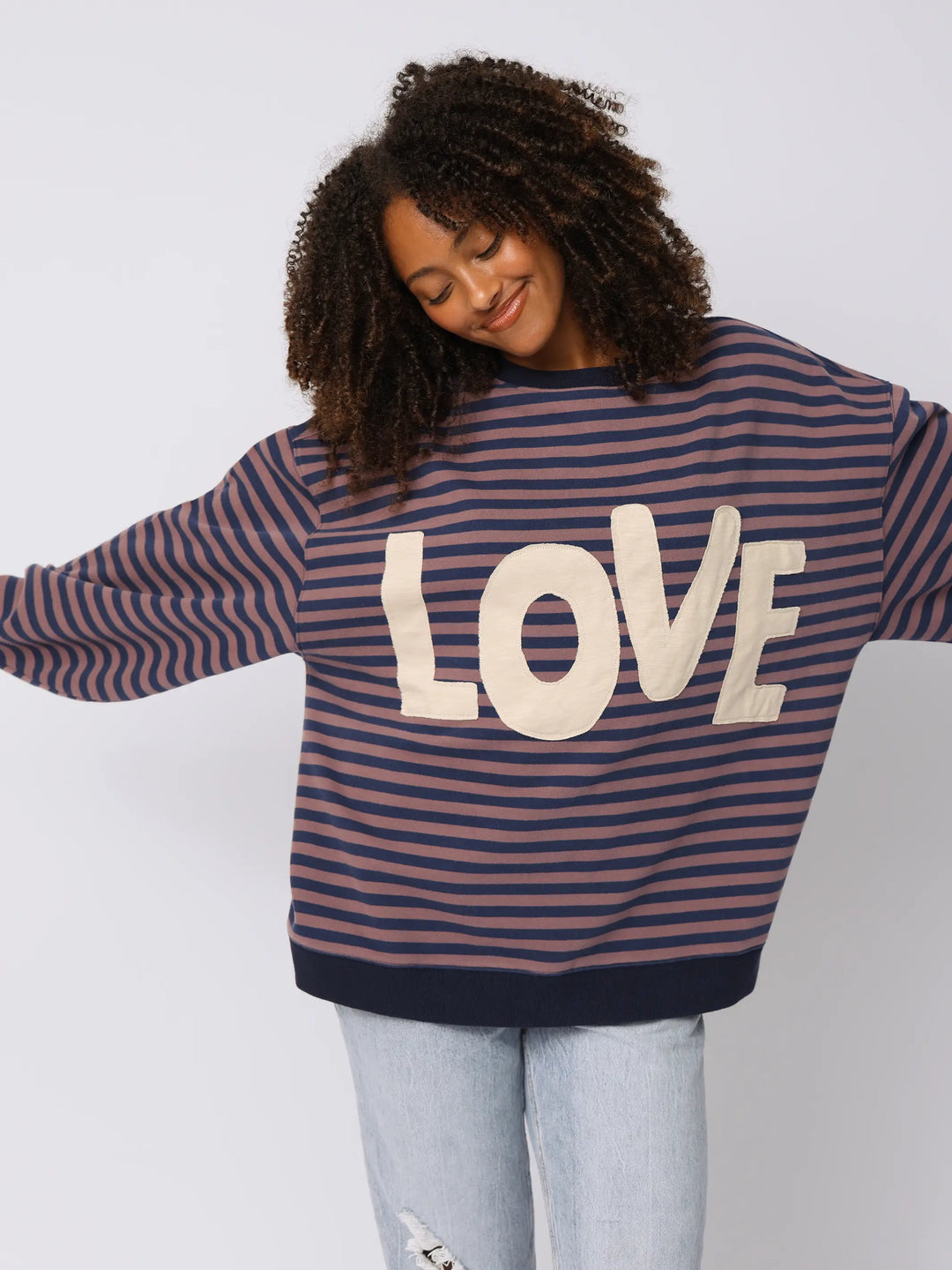 Oversized Striped Applique Crewneck - Purple Love