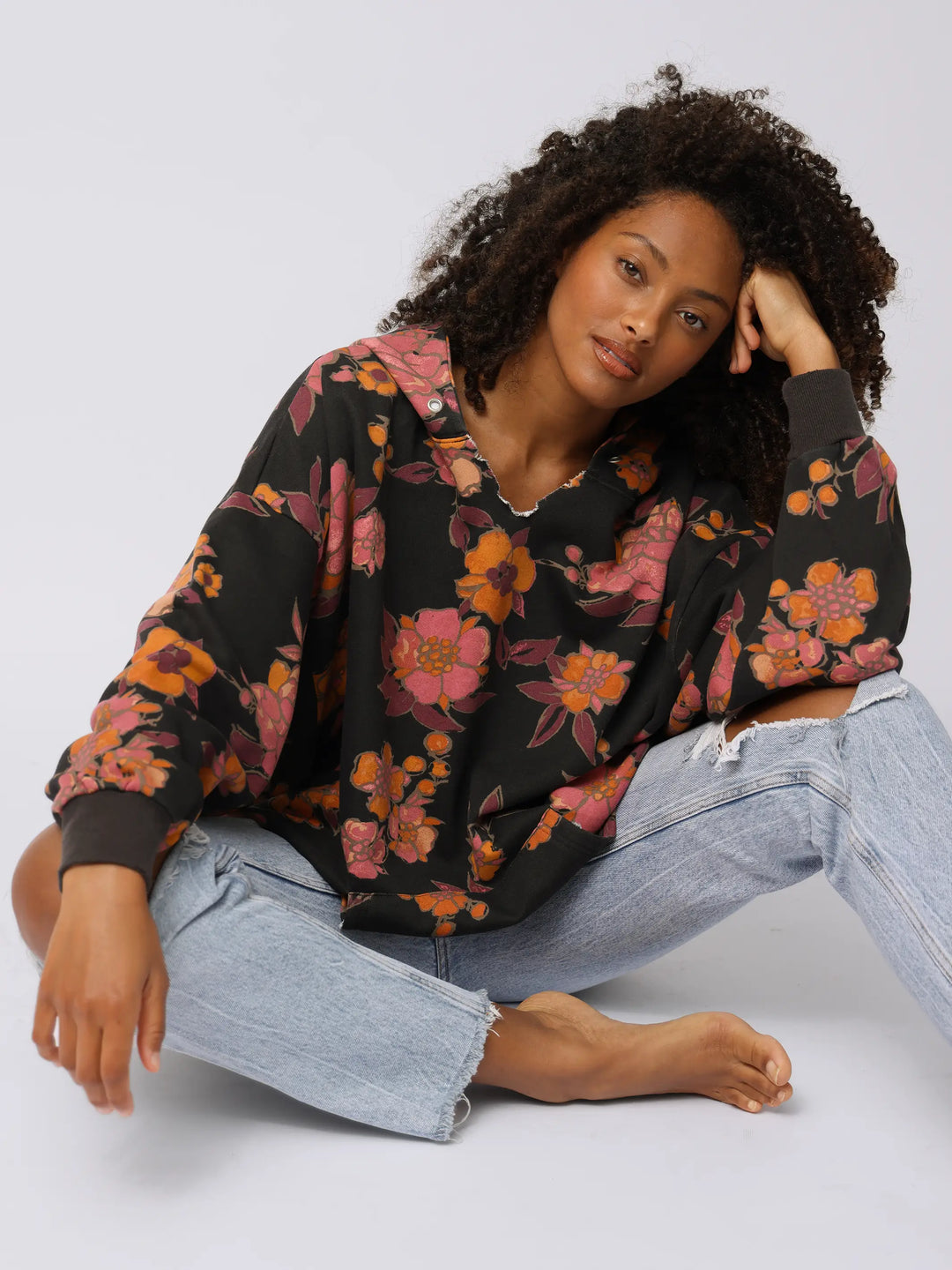 Oversized Printed Hoodie - Black Riviera Blossoms