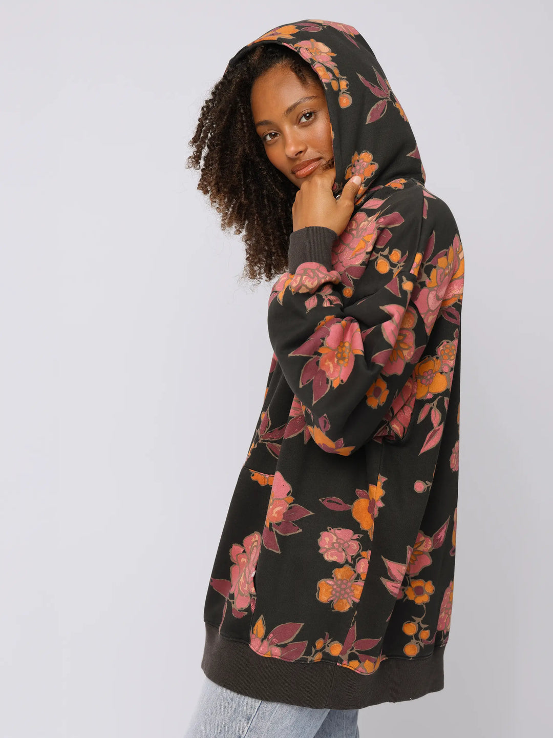 Oversized Printed Hoodie - Black Riviera Blossoms