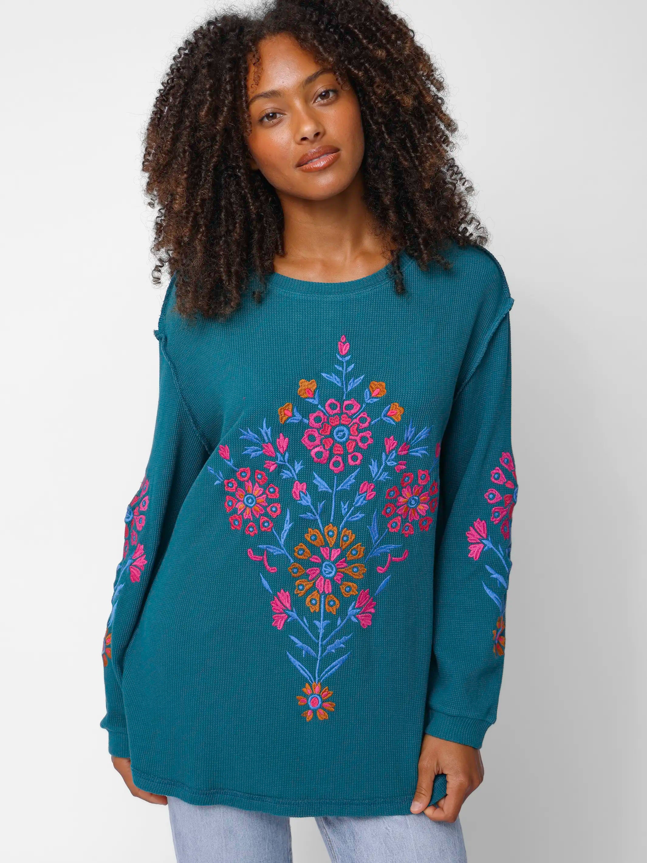 Aida Embroidered Thermal - Teal Folk Bouquet – Natural Life