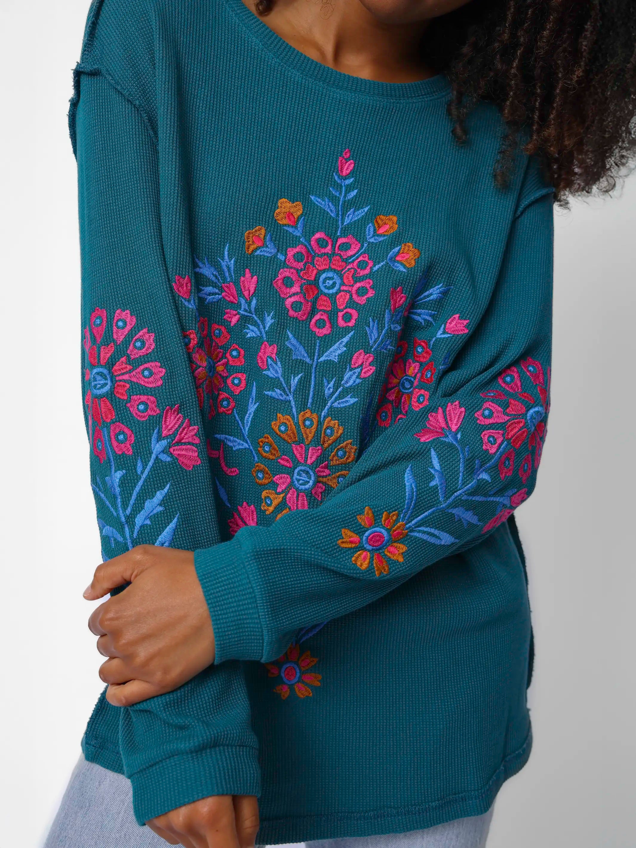 Aida Embroidered Thermal - Teal Folk Bouquet – Natural Life