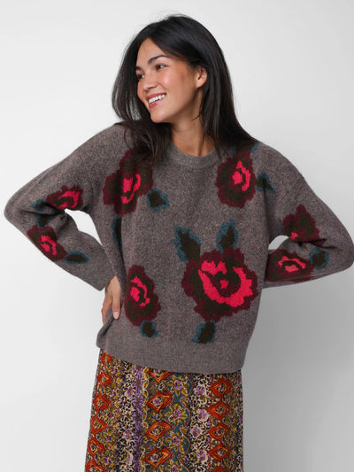 Rosie Jacquard Pullover Sweater - Stone Grey Rose-view 1