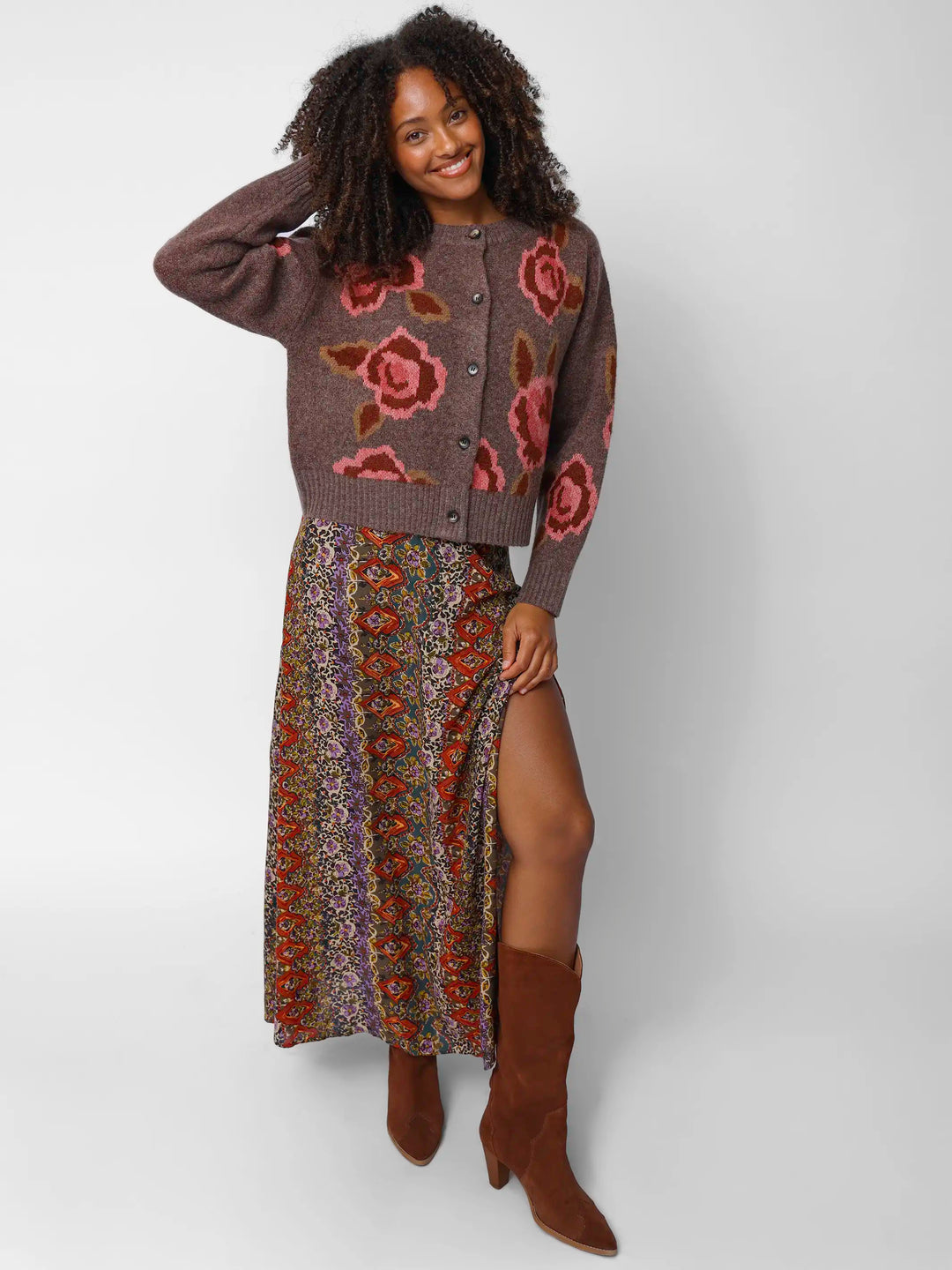 Jacquard Button Front Cardigan Sweater - Brown Rose – Natural Life