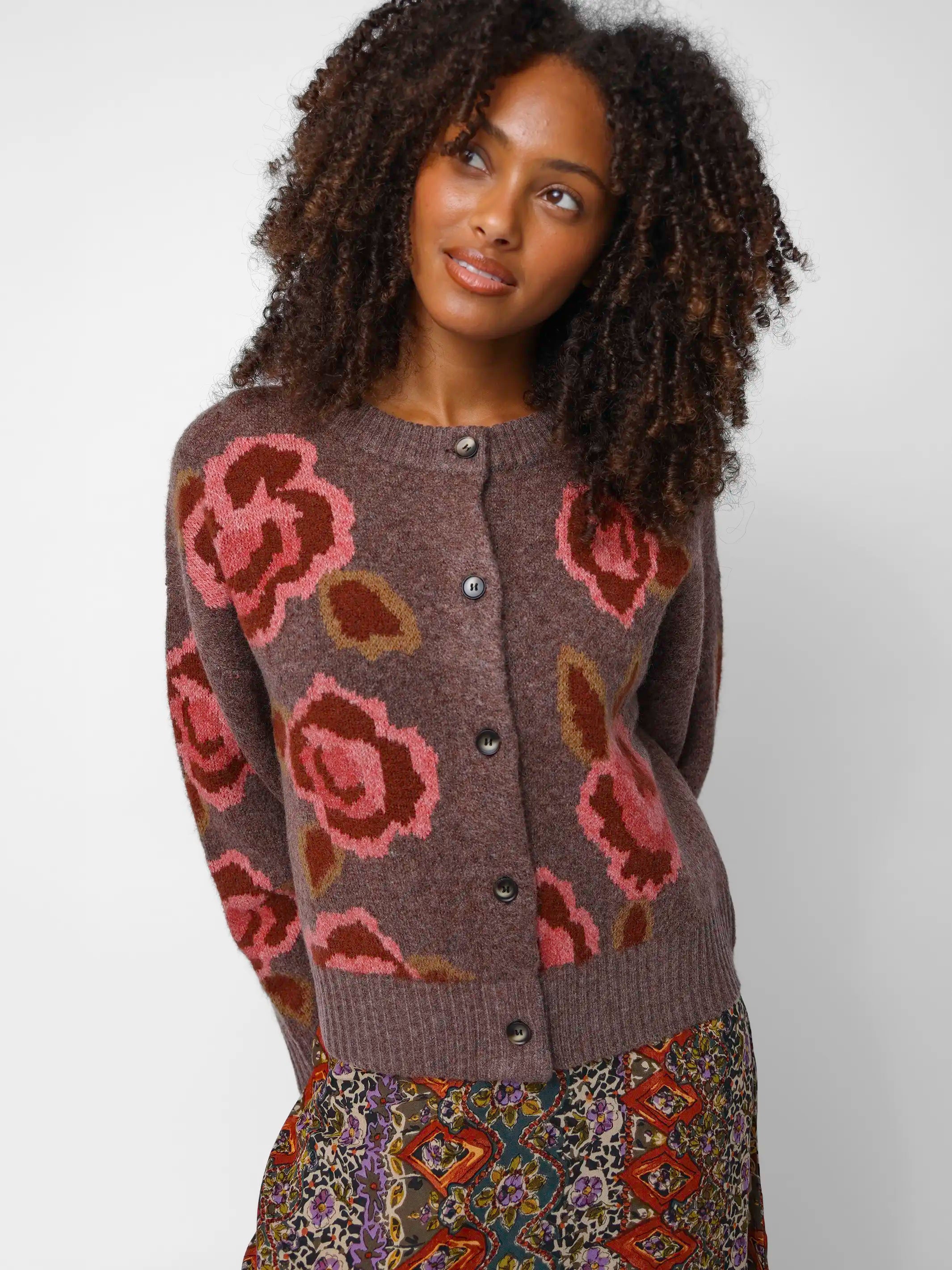 Jacquard Button Front Cardigan Sweater - Brown Rose – Natural Life