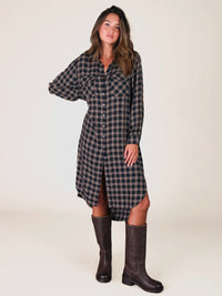 Cooper Cotton Shirt Dress - Navy Tan Plaid-view 1