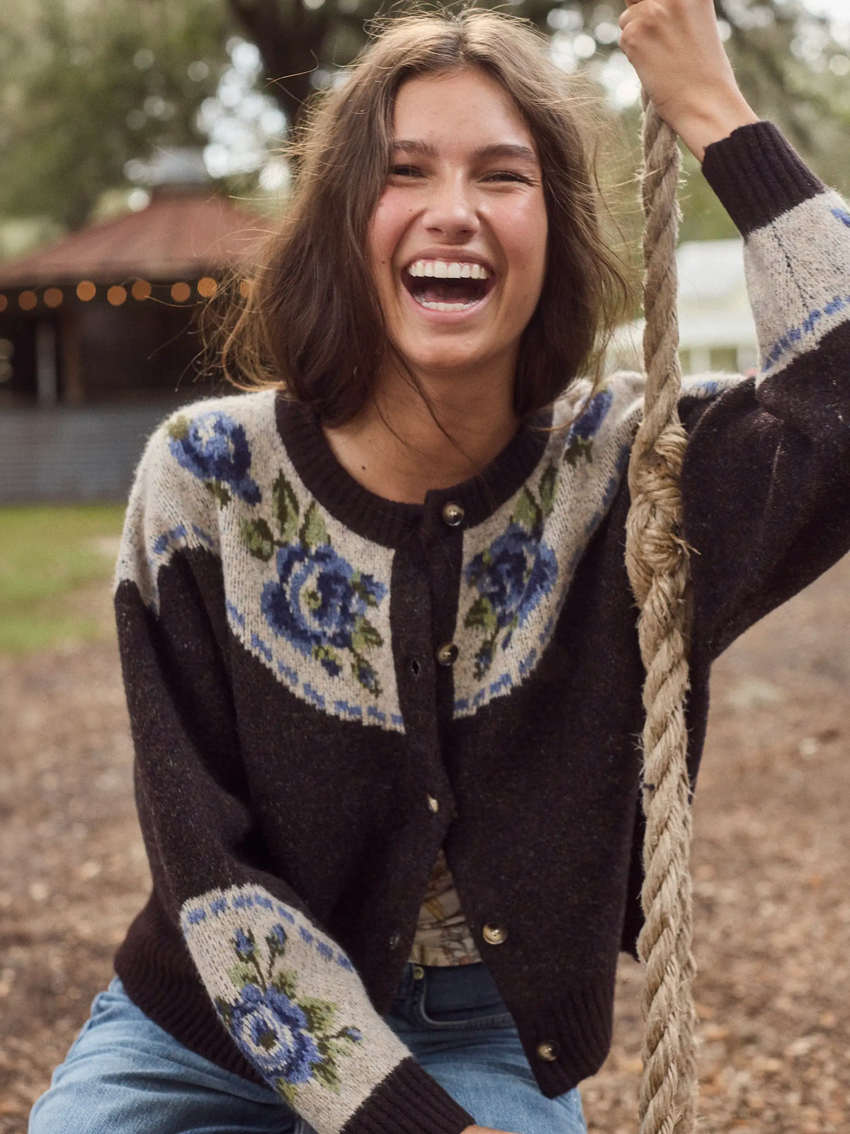 Jacquard Button Front Cardigan Sweater - Charcoal Brown Prairie