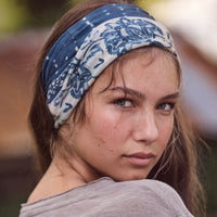 girl wearing blue shibori printed boho bandeau