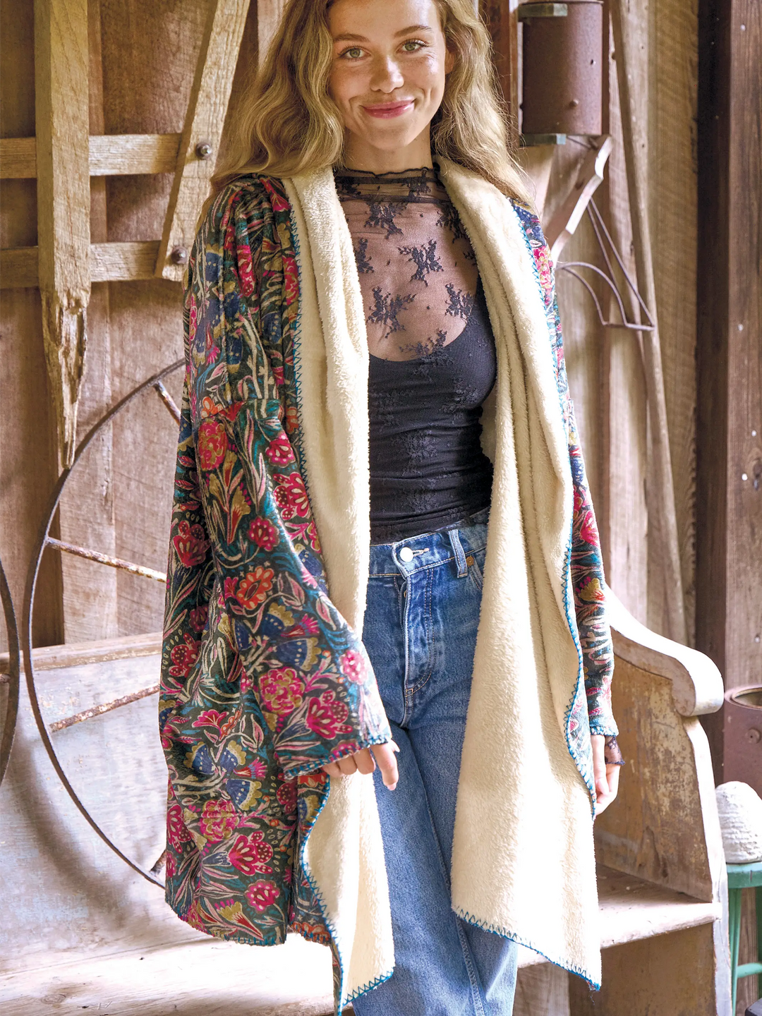 Cozy Blanket Kimono - Mauve India Vines Long Length