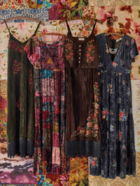 velvet dresses hanging on a colorful wall
