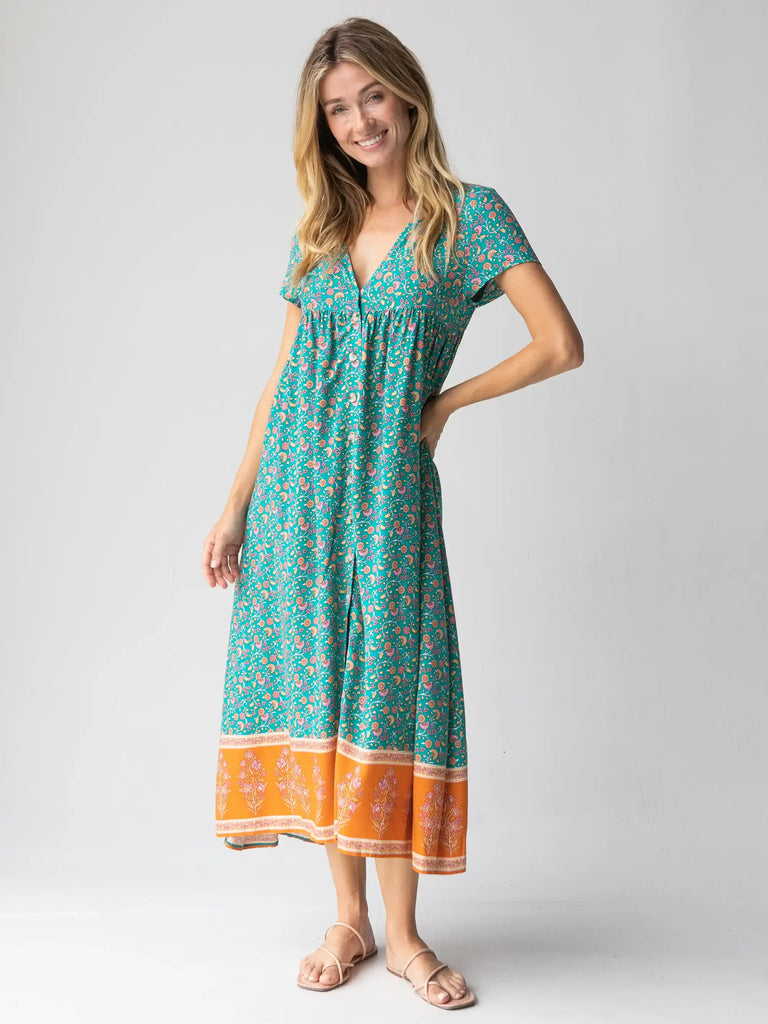 Avery Button Front Midi Dress - Teal Floral-view 2