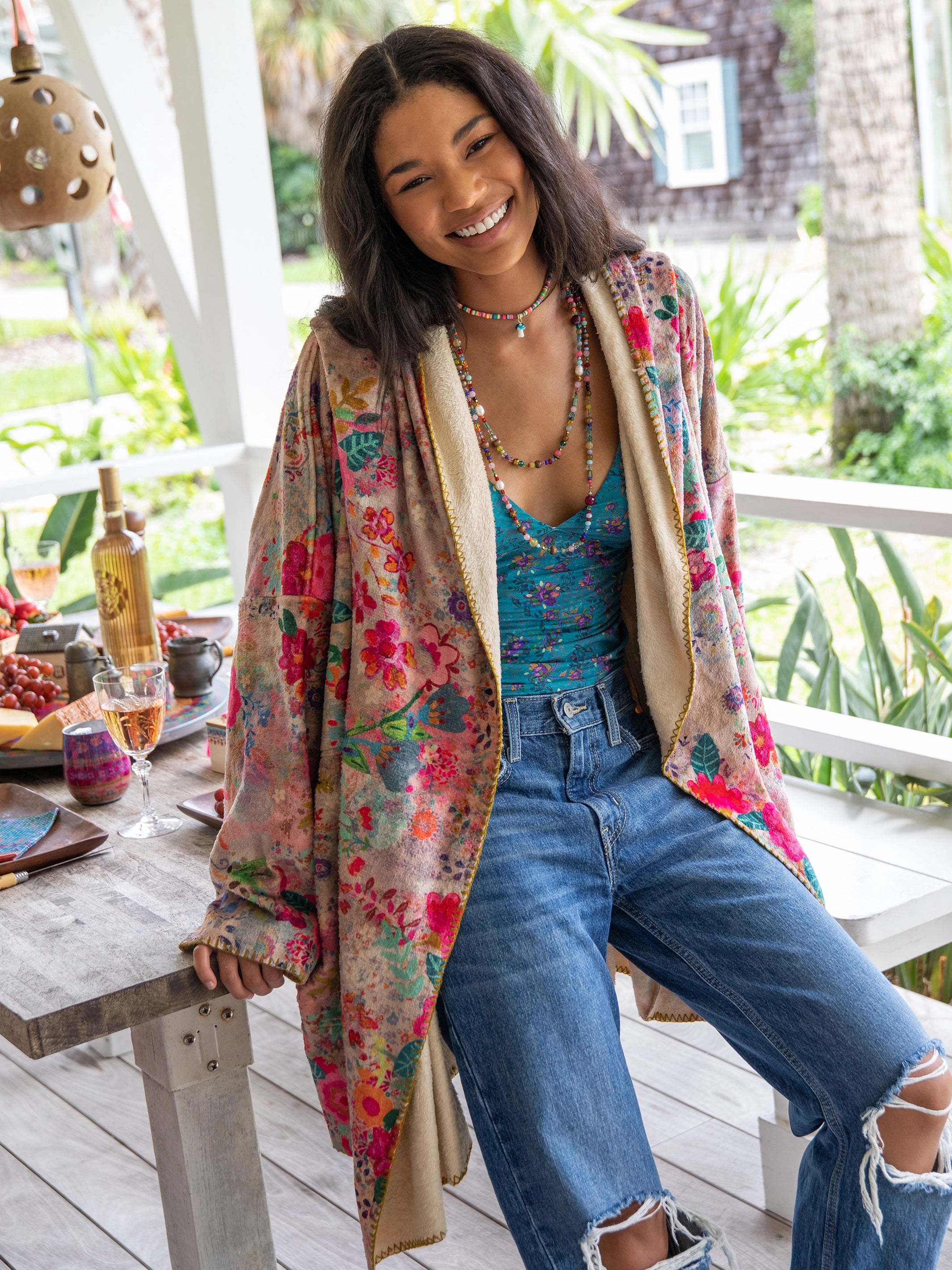 Cozy Blanket Kimono Tropical Birds Natural Life