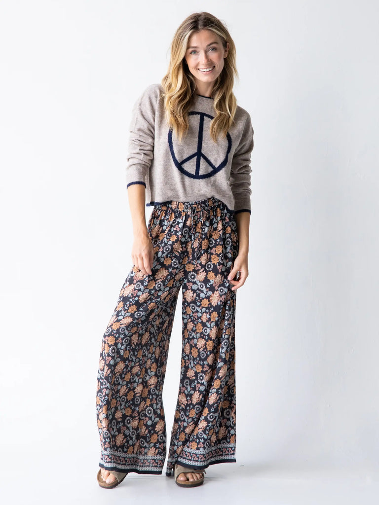 Border print cheap bell bottom pants