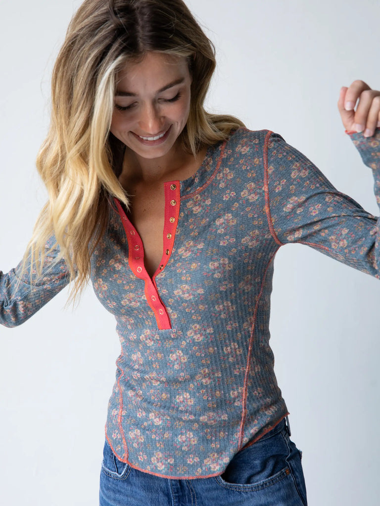 Reagan Thermal Henley - Slate Floral Blooms-view 1