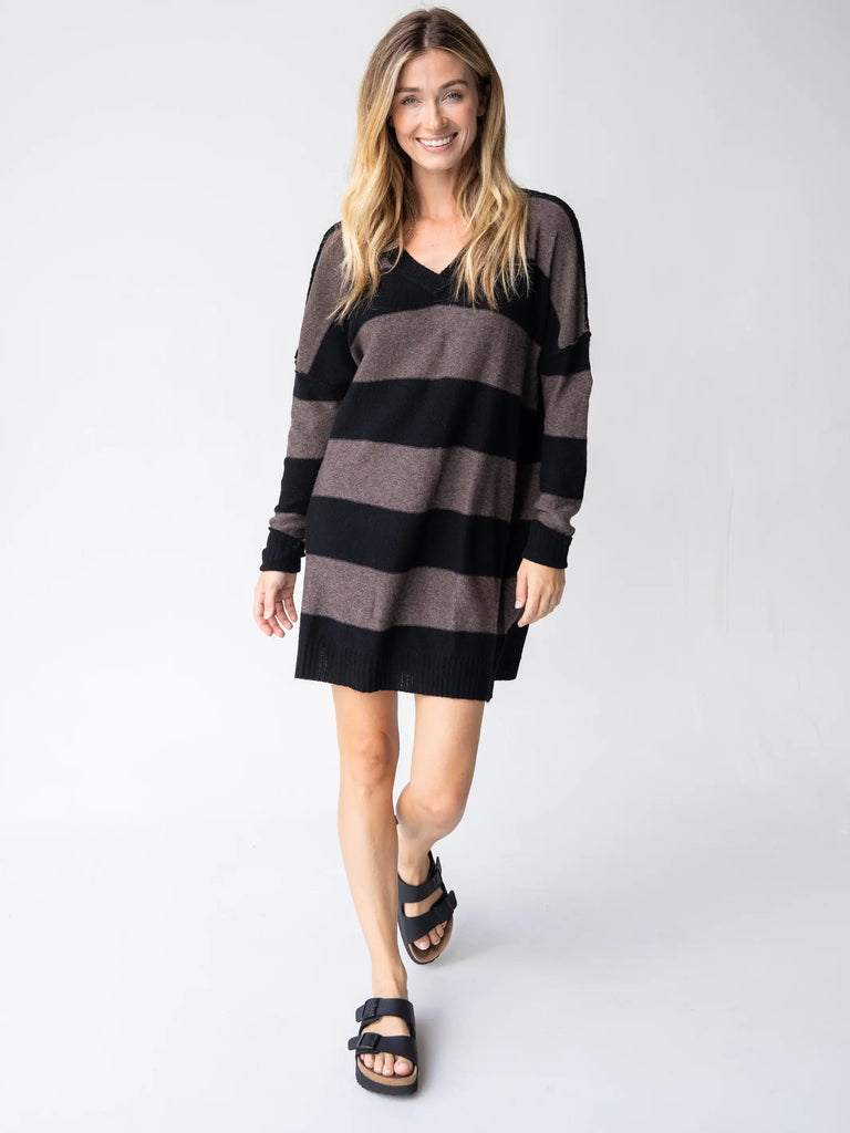Slouchy V-Neck Sweater Dress - Black-view 1