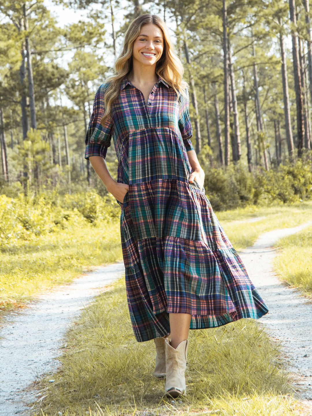 Rebecca Flannel Midi Dress Rainbow Plaid Natural Life