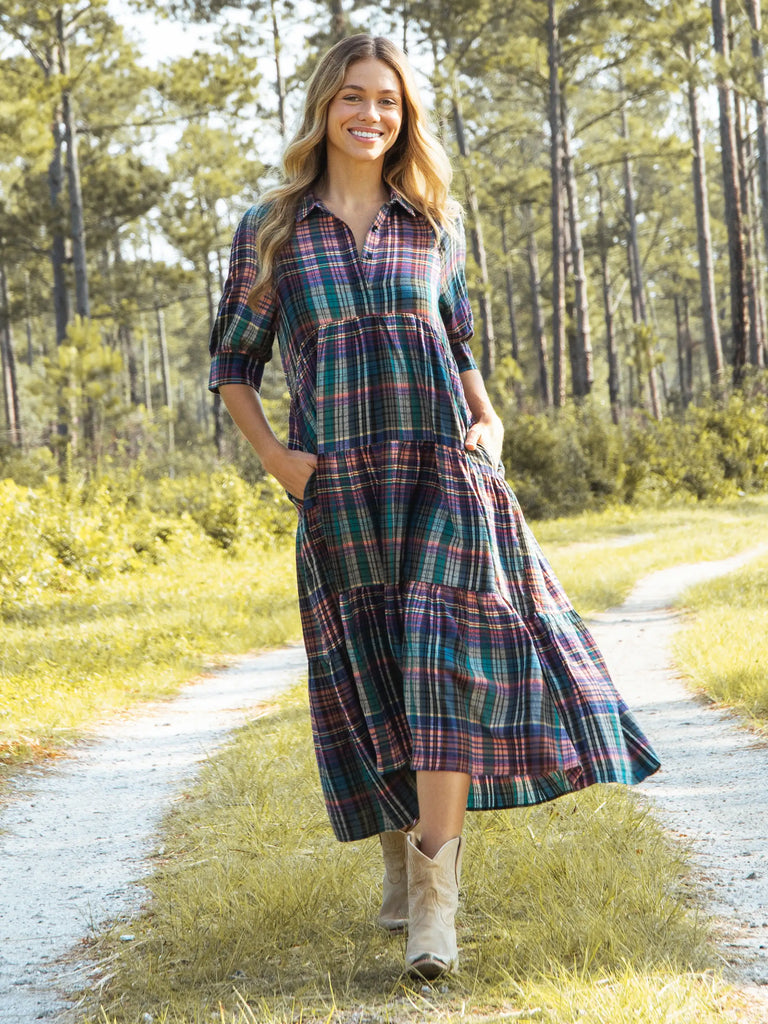 Rebecca Tiered Dress - Rainbow Plaid Flannel-view 1
