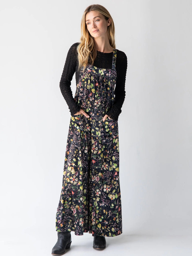 Dakota Tie Velvet Overall - Black Floral Stems-view 4