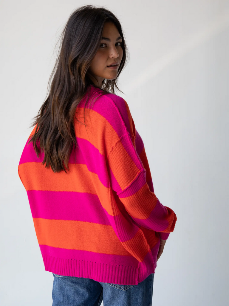 Slouchy V-Neck Sweater - Pink Stripe-view 3