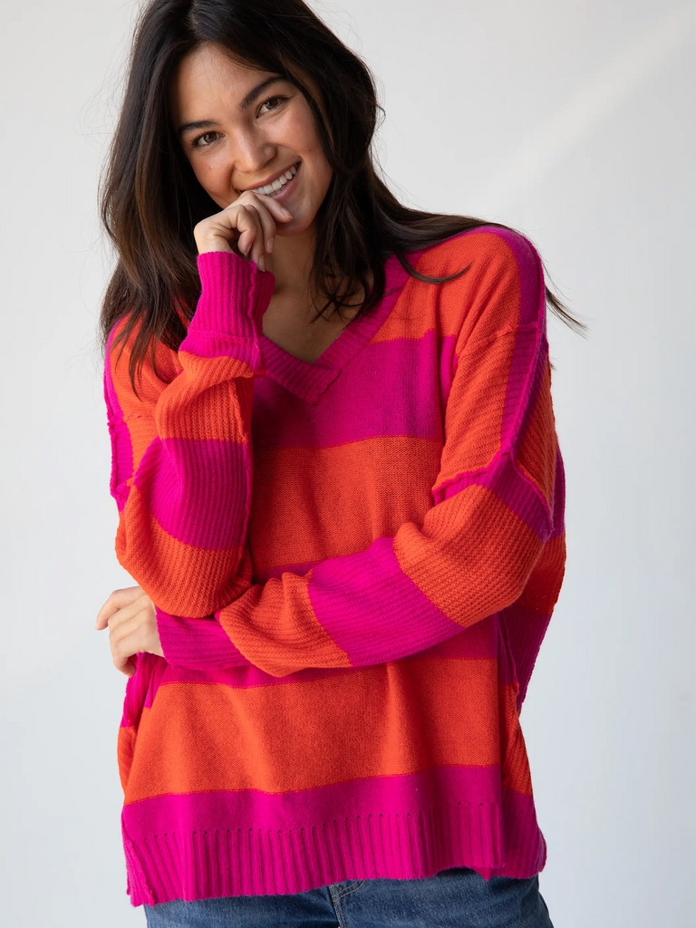 Slouchy V-Neck Sweater - Pink Stripe-view 2