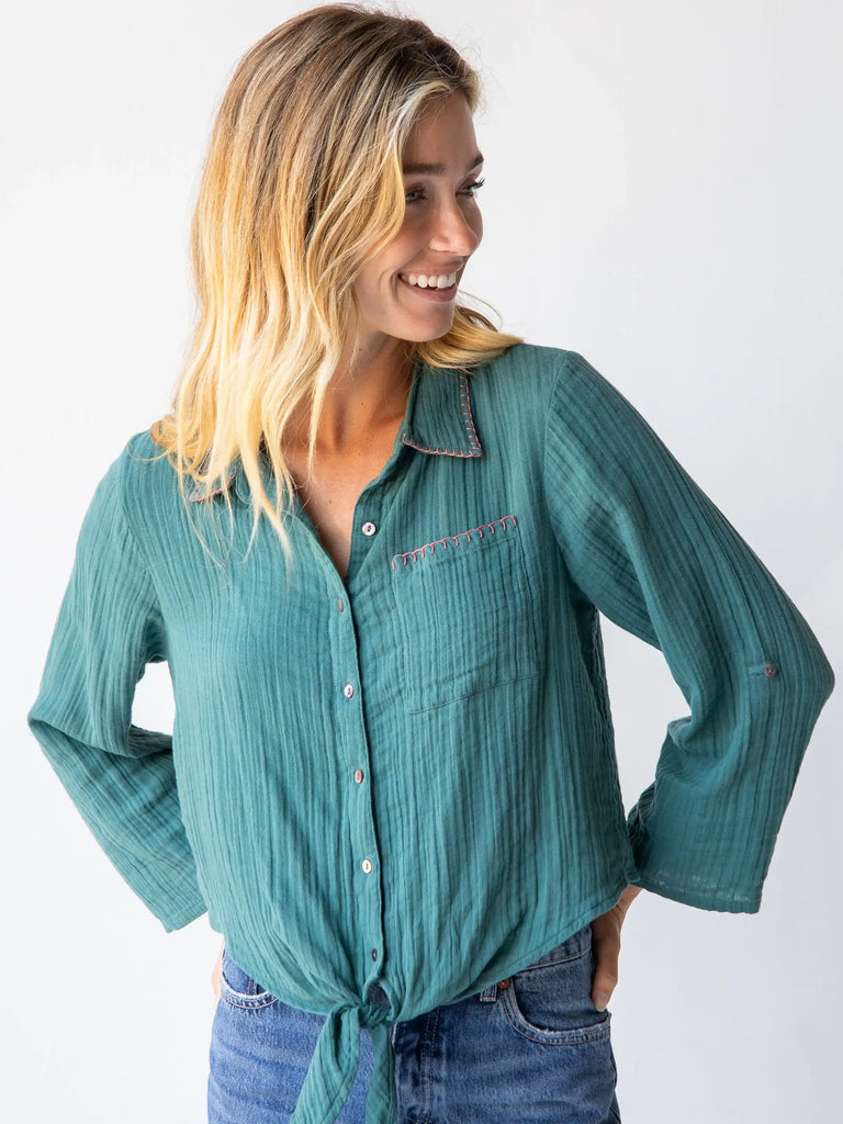Lola Tie Button Down - Teal-view 1