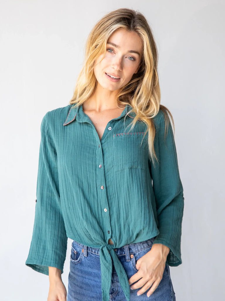 Lola Tie Button Down - Teal-view 2