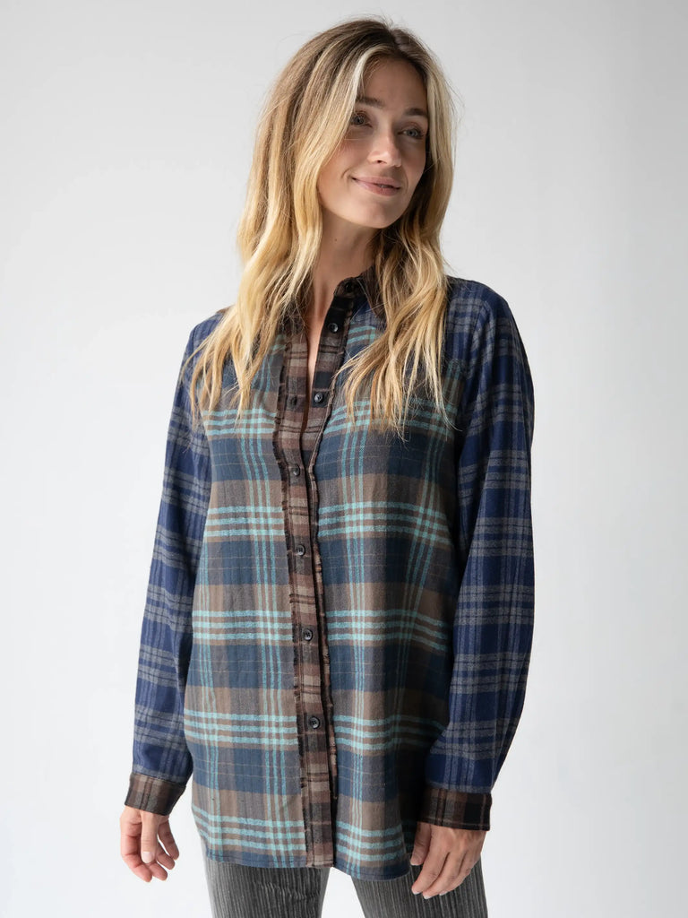 Oversized Flannel Button Down - Blue Brown Plaid-view 3
