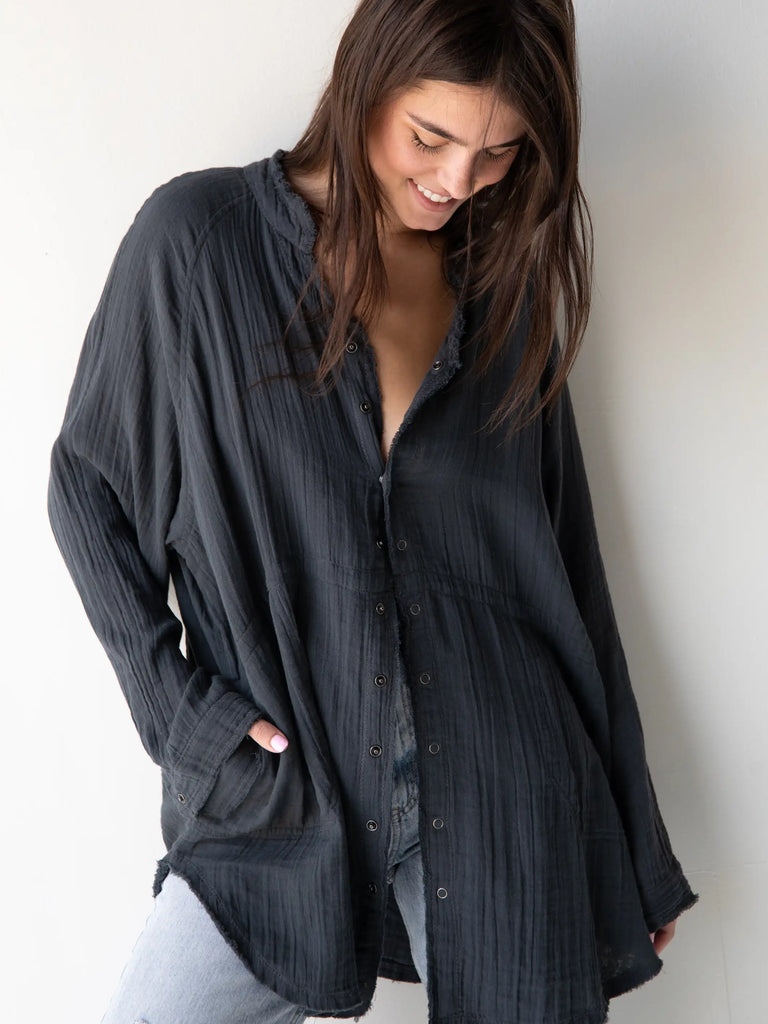 Laid Back Button Down Top - Charcoal-view 4