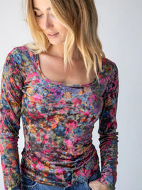 Danielle Square Neck Velvet Top - Dark Floral Garden-view 1