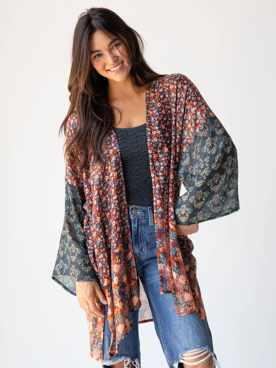 Sierra Mixed Print Kimono - Brown Teal Floral – Natural Life