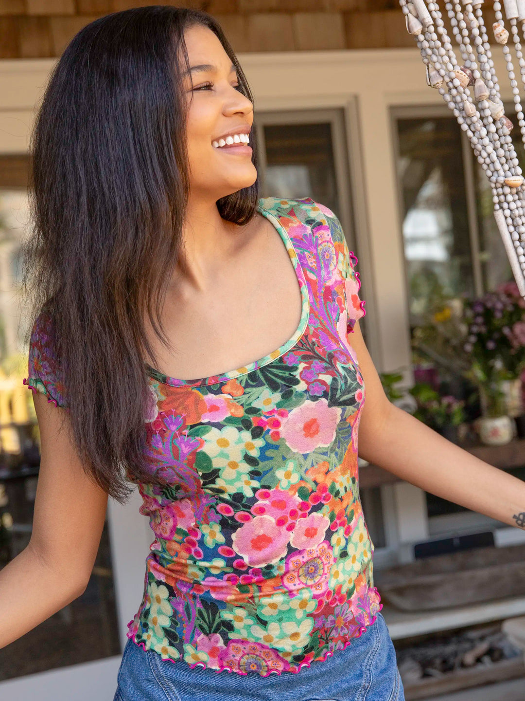 Devon "ButterSoft" Short Sleeve Top - Pink Painted Garden