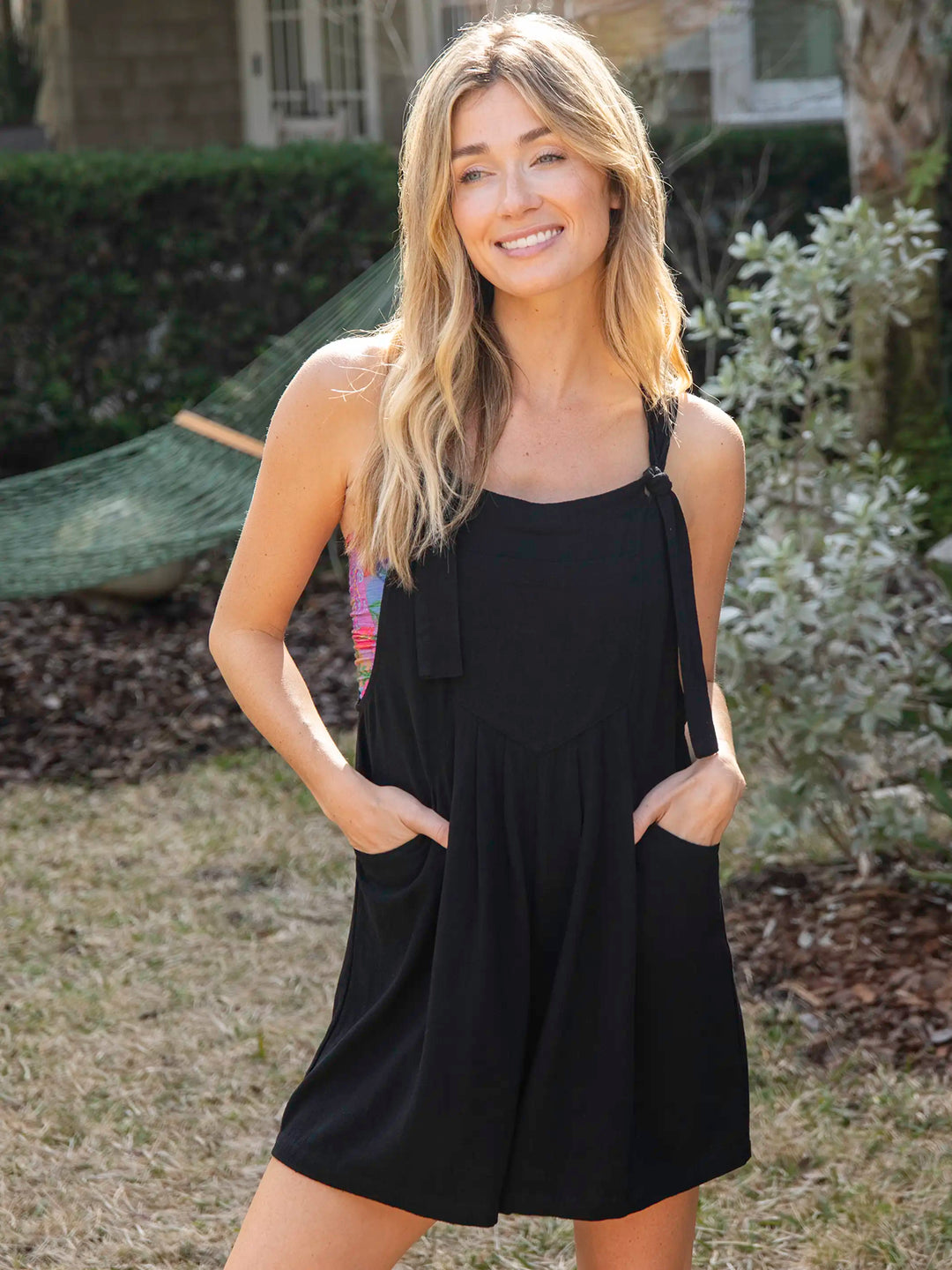 black romper dress Fifteen Twenty Women's Daliah Short Sleeve In this statement piece features a plunging halter neckline Wael romper - Black