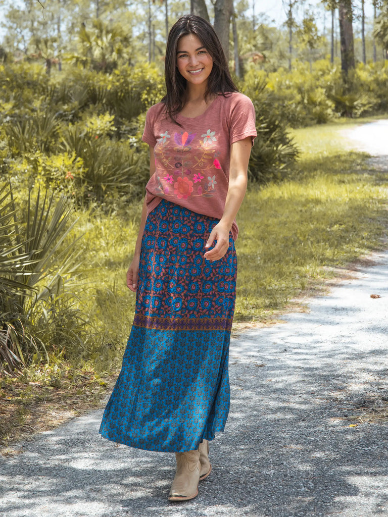 Amy Maxi Skirt - Teal Gold Border-view 4