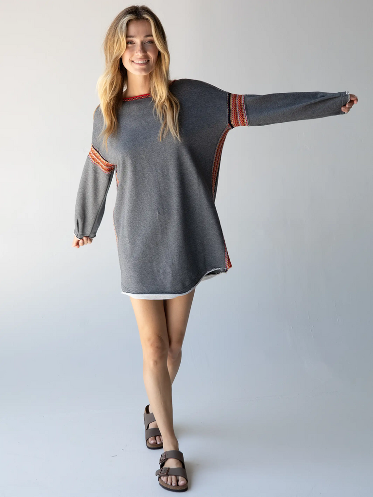 Knit Trim Sweatshirt Dress - Heather Grey-view 1