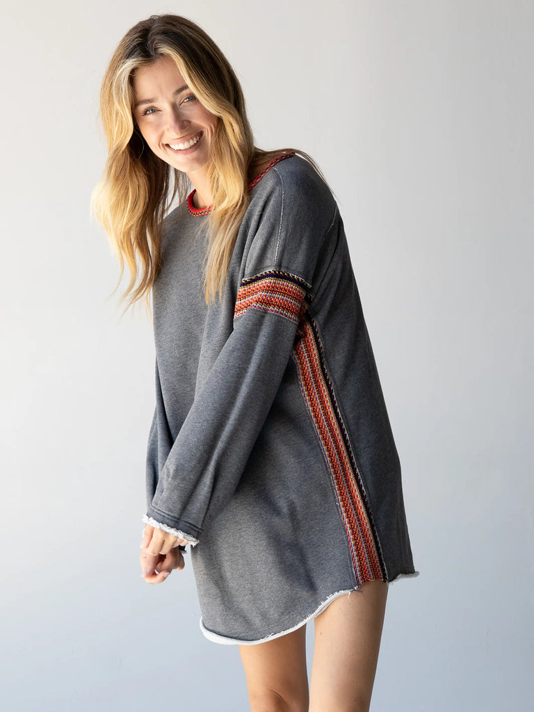 Knit Trim Sweatshirt Dress - Heather Grey-view 3