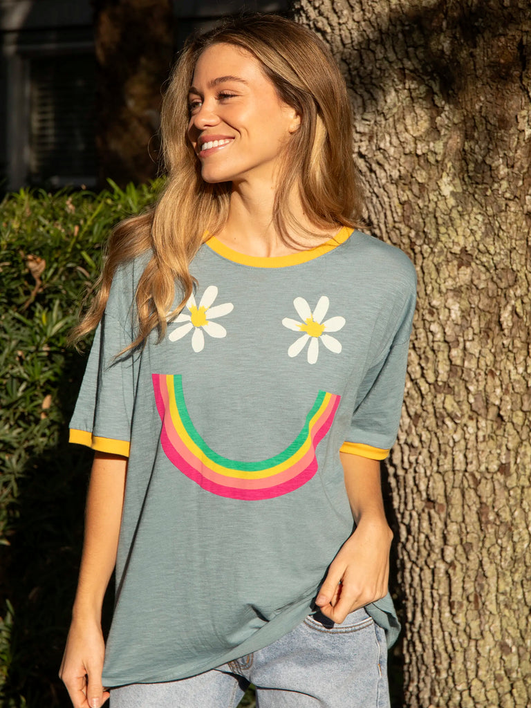 Ringer Oversized Tee Shirt - Dusty Blue Smiley-view 1