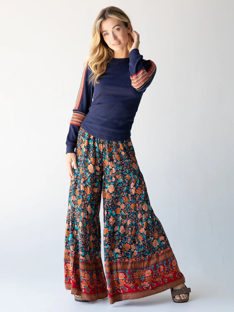 Patti Palazzo Pant|Navy Red Floral Border-view 1