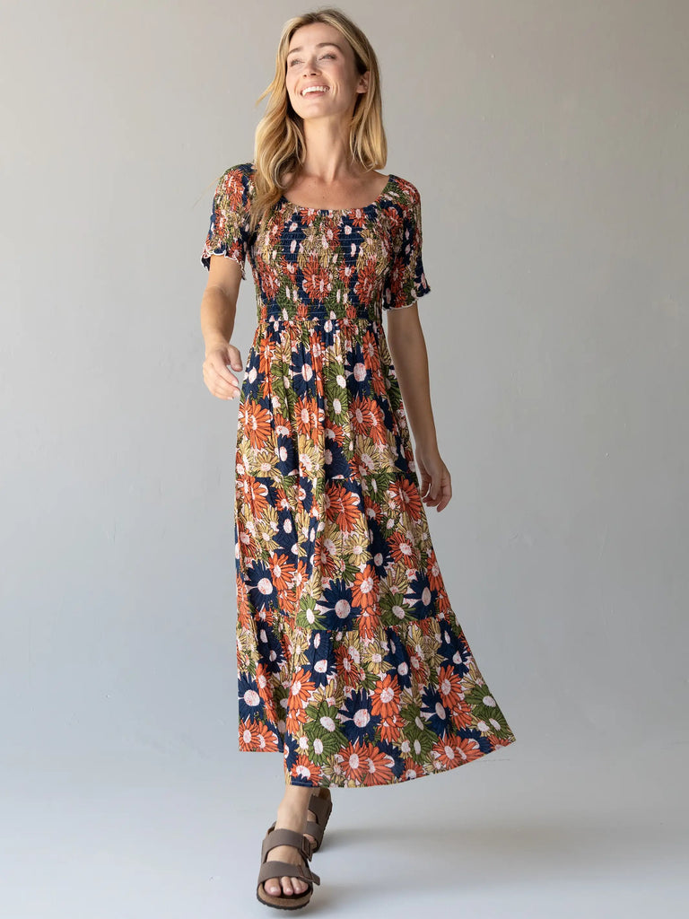 Daisy Tiered Midi Dress - Navy Yellow Floral-view 1