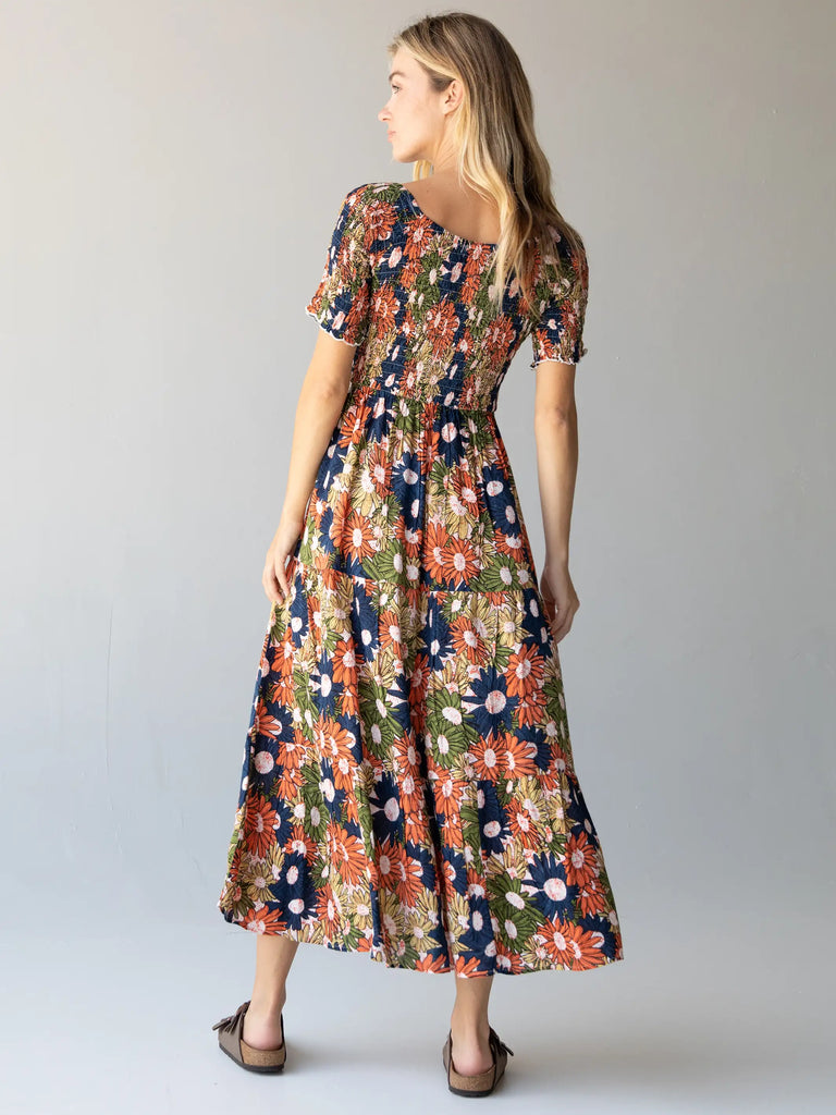 Daisy Tiered Midi Dress - Navy Yellow Floral-view 4
