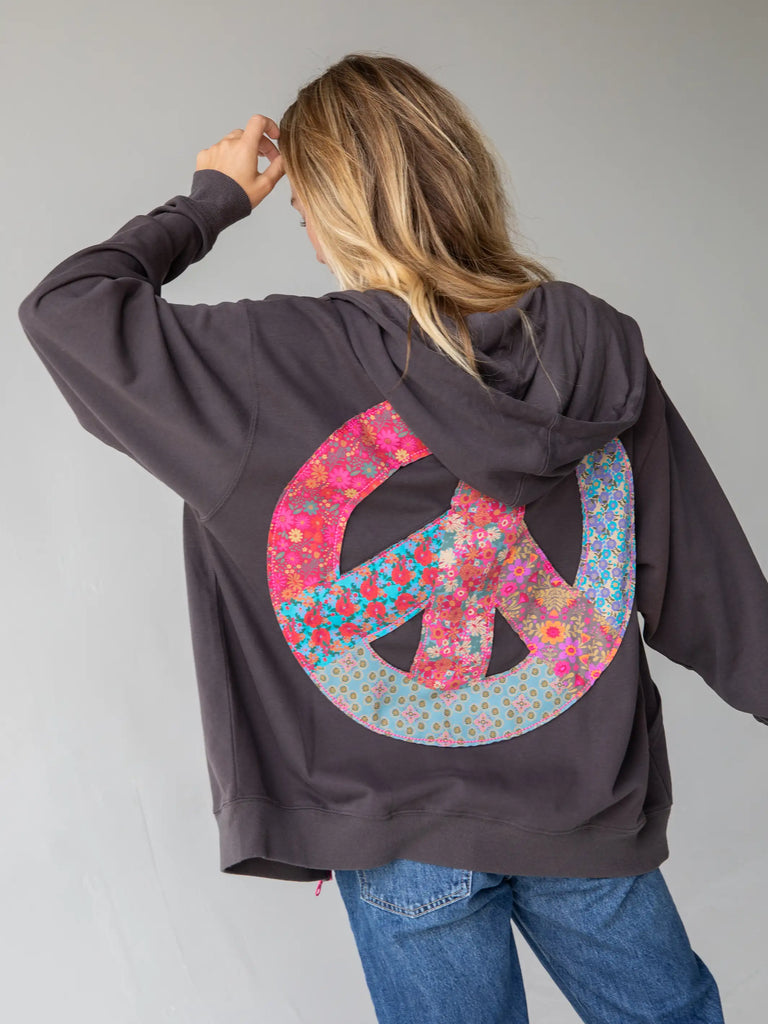 Applique Zip-Up Hoodie - Charcoal Peace-view 1