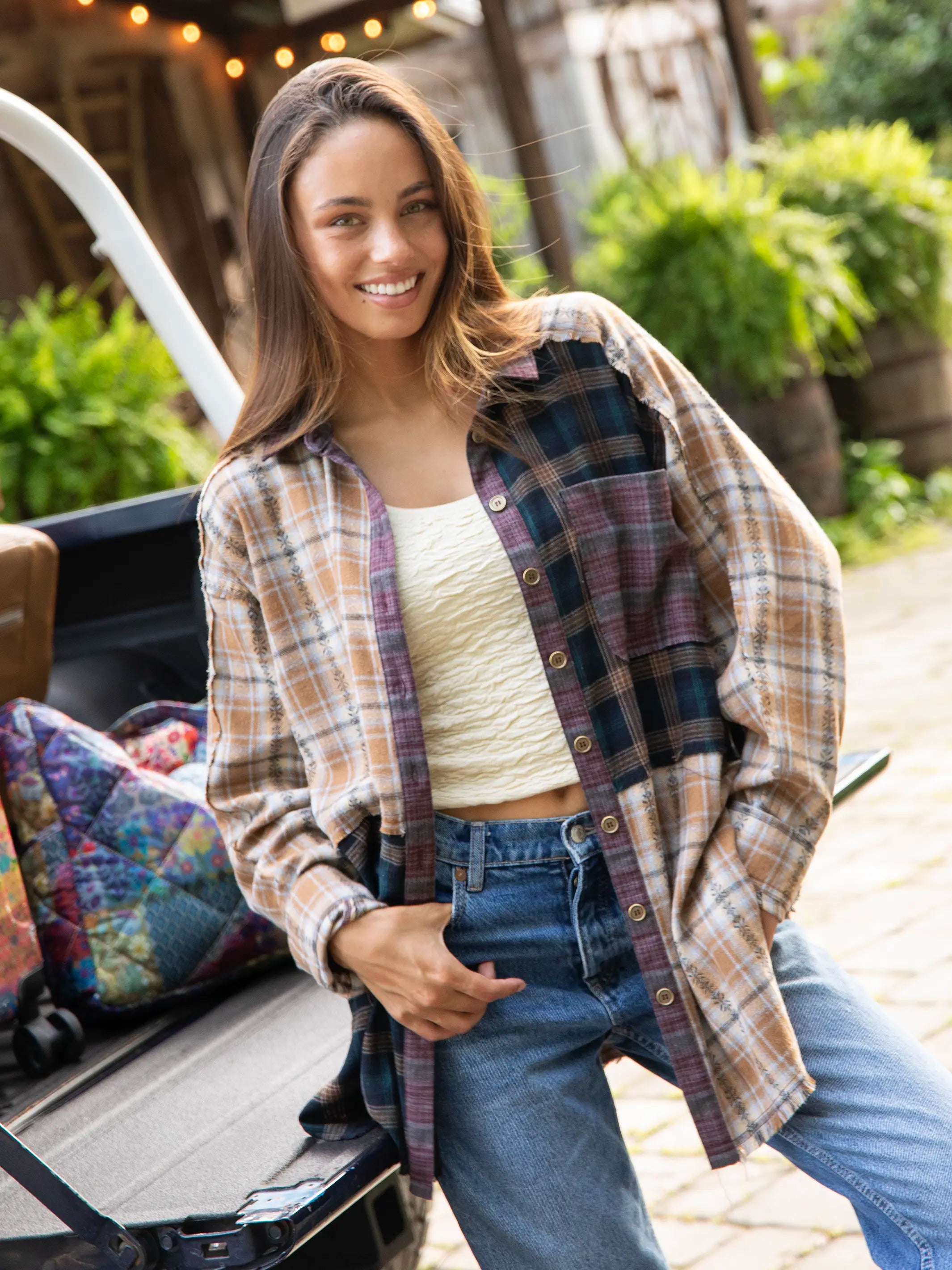 Elliott Oversized Mixed Flannel Shirt - Tan Navy Plaid – Natural Life